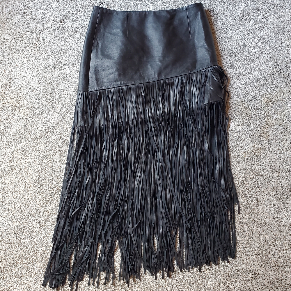 Black Fringe Leather Midi Skirt